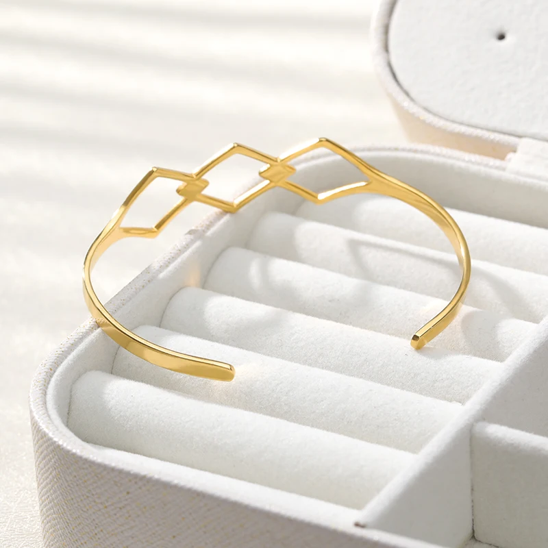 

Hollow Stacked Rhombus Cuff Bracelets For Women Stainless Steel Open Bangles Women's Minimalist Jewelry Accessories Friend Gifts