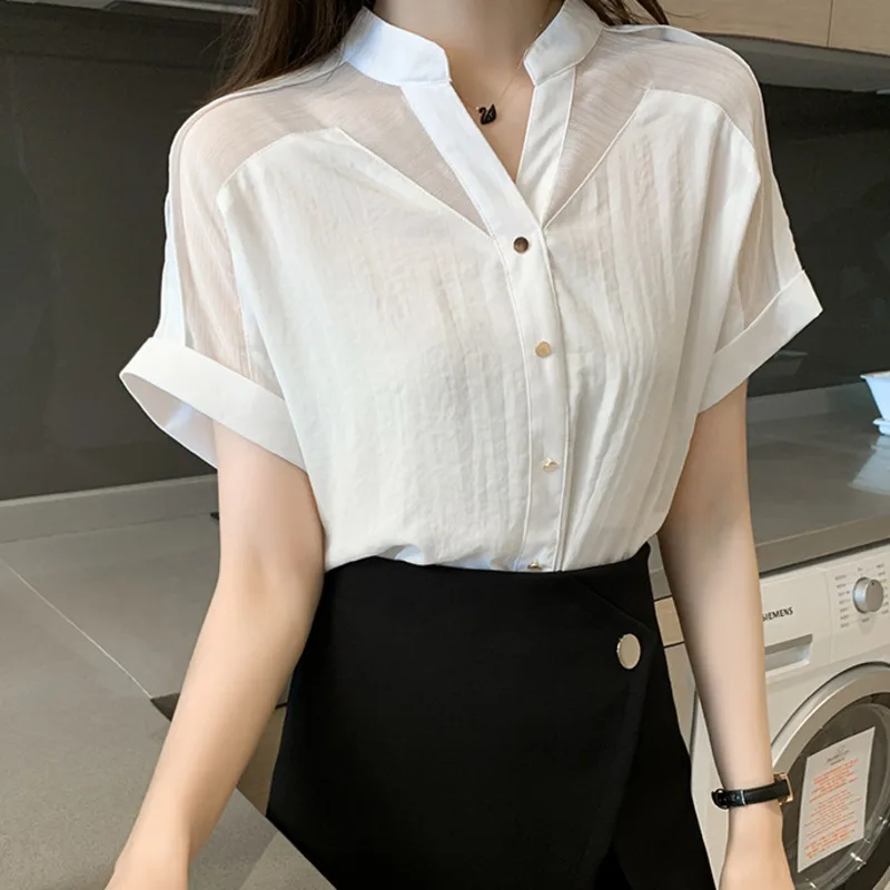 

Women Solid Short Sleeve Chiffon Blouse New Summer V-neck Mesh Shirt Clothing Blusas Mujer De Moda Office Lady Blouse Tops 2020