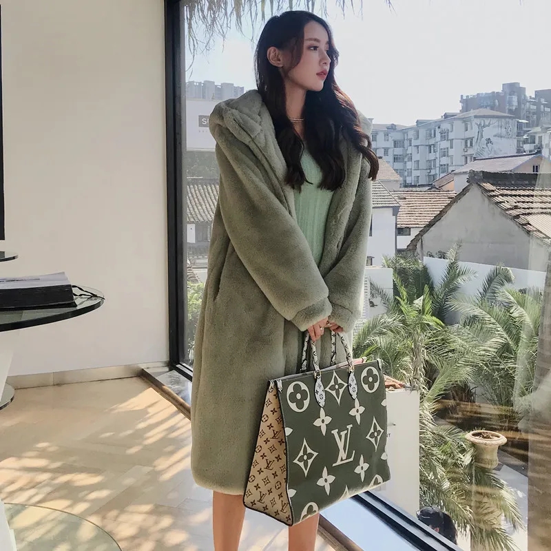 Зимнее новое пальто с искусственным кроличьим мехом длинное капюшоном толстое