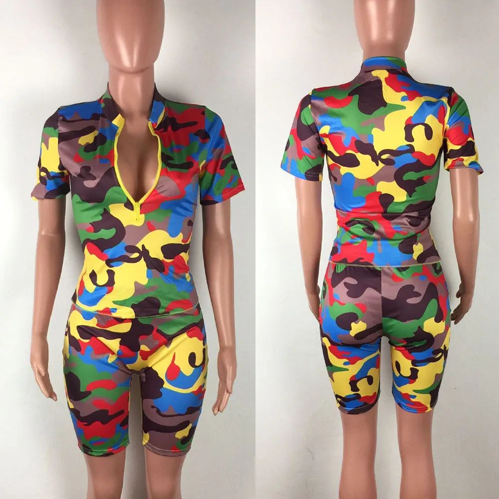 

Sportswear Camouflage Print Two Piece Set Women Sport Suit Zip Top and Biker Shorts Fitness Casual Matching Sets Dresy Damskie