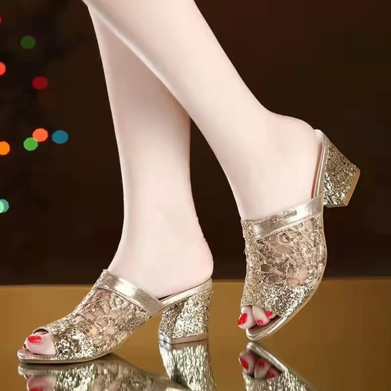

Ladies Summer New Style Sandals Golden Open Toe Lace Dress Shoes Ladies High Heel Sandals Square Heel High Heel Ladies Shoes