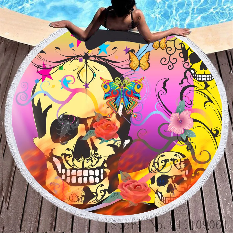 

Individuality Skull 3D Print Adult Microfiber Round Bath Towel Quick Dry Absorbent Swimming Beach Surfing Ultralight Bath Towels