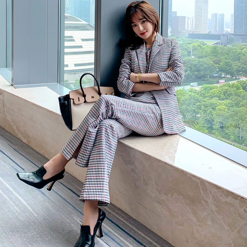 Plaid Women's Suits Two Piece Set Women Office Business Suits Blazer and Wide Leg Pants Plus Size Autumn Winter Suits