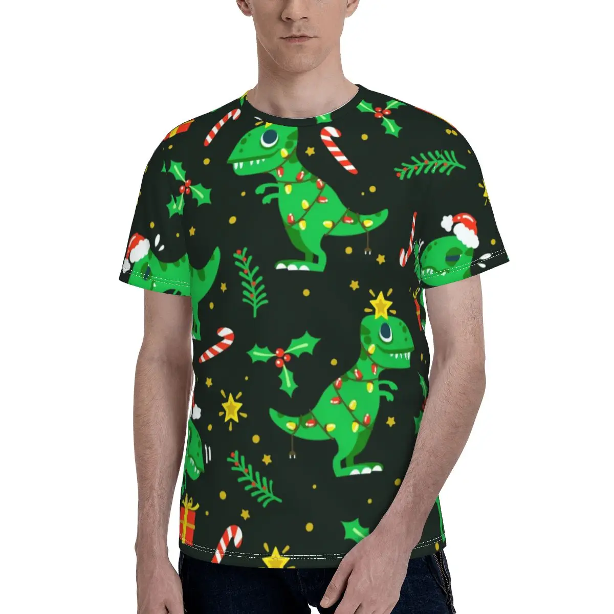 

Christmas Dinosaur T-Shirt Candy Tree Streetwear Cute Polyester T Shirt Graphic Short-Sleeve Tee Shirt Men Plus size