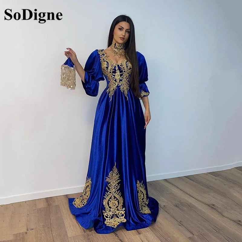 

SoDigne Blue Moroccan Caftan Evening Dress Dubai Saudi Arabic Abaya Gold Embroidery Velour Short Sleeve Prom Dresses