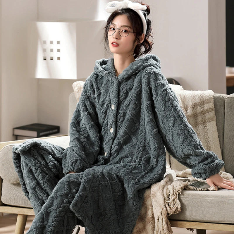 Nightgown Women's Mid-length Coral Velvet Warm Pajamas Sets Sleepwear Flannel Winter OuterwearHome Wear Clothing pijama mujer