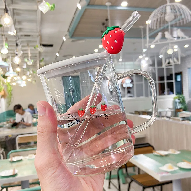 

Korean Style Cute Strawberry Drink Glass Girl Heart With Lid Straw Cups Literary Small Fresh Female Student Home Milk Water Cup