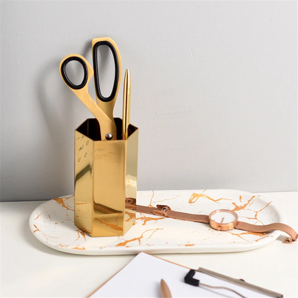 

Golden Metal Pen Holders Office Desktop Stationery Organizer Box Ins Hexagon Iron Storage Jar Nordic Pen Container Case Tube