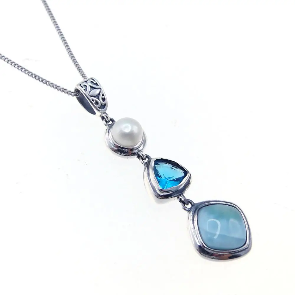 Pendant with chain Натуральный Ларимар серебро 925 пробы античный дизайн голубой топаз натуральный камень прелестная жемчужная подвеска ожерелье для женщин подарок - Цвет камня: Pendant with chain