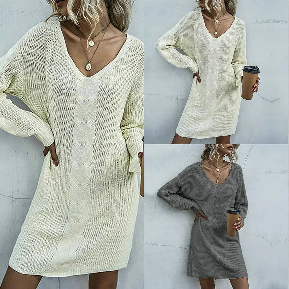 

Женское прямое трикотажное платье-рубашка средней длины с V-образным вырезом