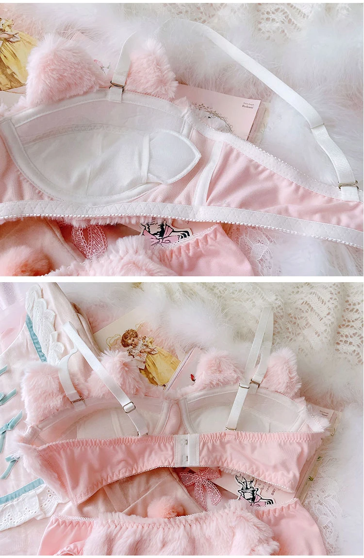 plus size underwear sets Japanese Kawaii Plush Women Bra Set Lovely Soft Student Lingerie Cute Cartoon Embroidery Cat Underwear Sexy No Steel Ring Set cute underwear sets