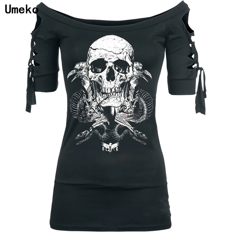 

Женская футболка на шнуровке, черная футболка с принтом черепа, с открытыми плечами, большие размеры, 2020