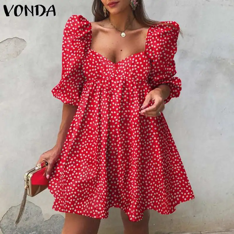 

Women Mini Dress VONDA 2021 Ladies 3/4 Sleeve Square Collar Vintage Printed Dresses Bohemian Vestidos Femme Loose Sundress