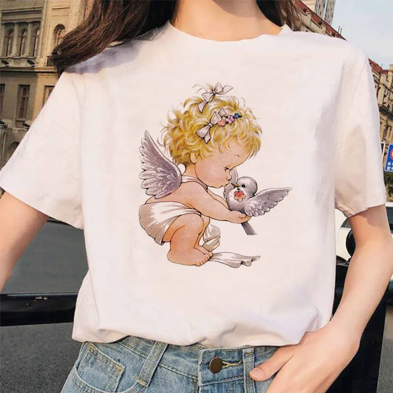 

Summer Short Sleeved O-neck Casual Clothing Ulzzang Fashion Kawaii Angel Printed Women T-shirts