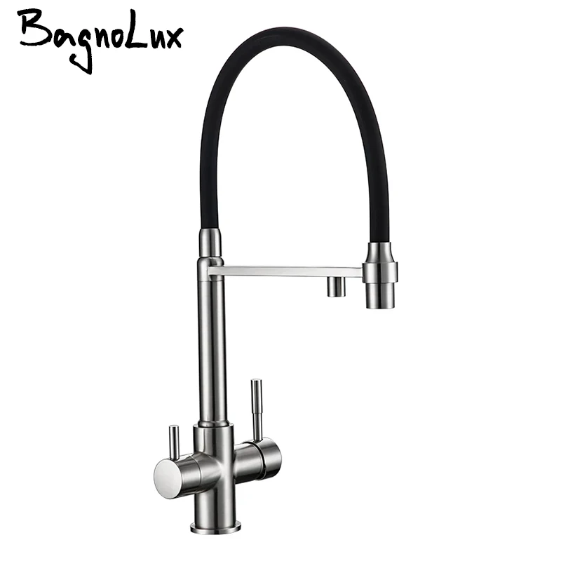 

Bagnolux Brushed Nickel Brass Sink Black hose Mount Pull Down Dual Sprayer Nozzle Mixer Water Taps Kitchen Faucet