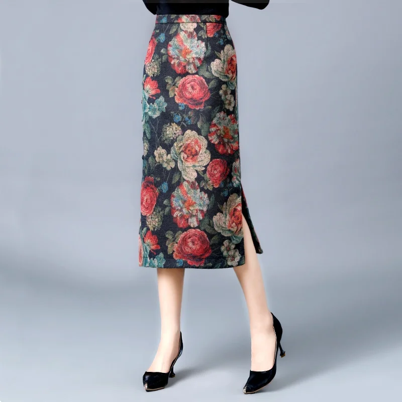 

Chinese Style Skirt 2021 Winter Side Plate Buttons Thick Pencil Skirt High Waist Floral Printed Midi Skirts For Women