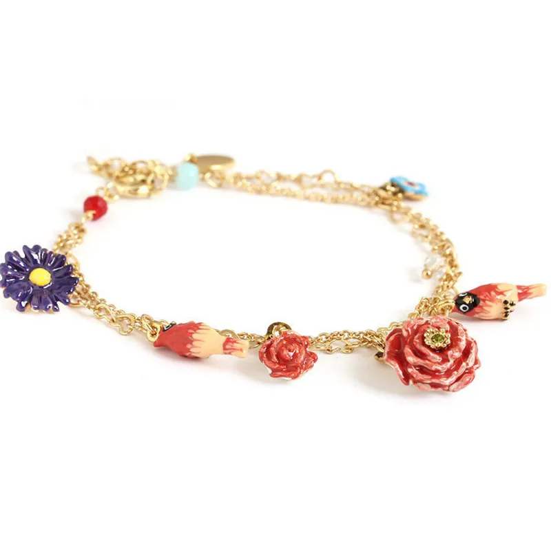 

Enamel Parrot Peony Flower Multi-pendant Double Adjustable Bracelet Bracelet European and American Fashion Personality Jewelry