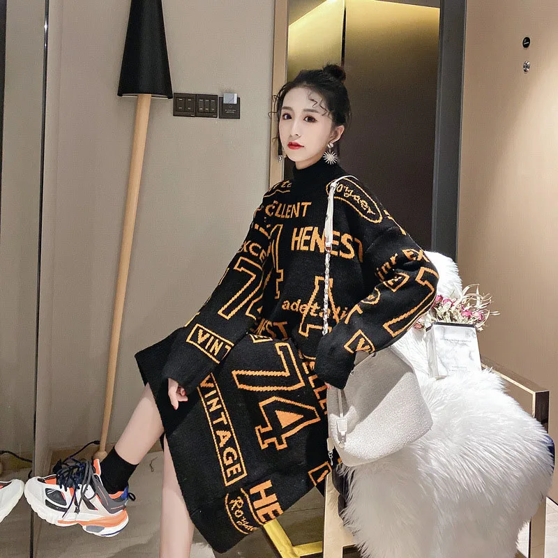 

Turtleneck Long Sleeve Letter Print Knit Dress Winter Autumn Fashion Women Dresses Ladies Office Casual Sweater Vestido OK668