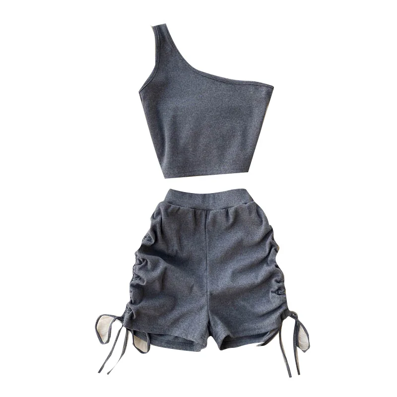 

Повседневный Женский комплект из 2 предметов, однотонный летний модный короткий топ на одно плечо без рукавов и шорты с кулиской, тренировоч...