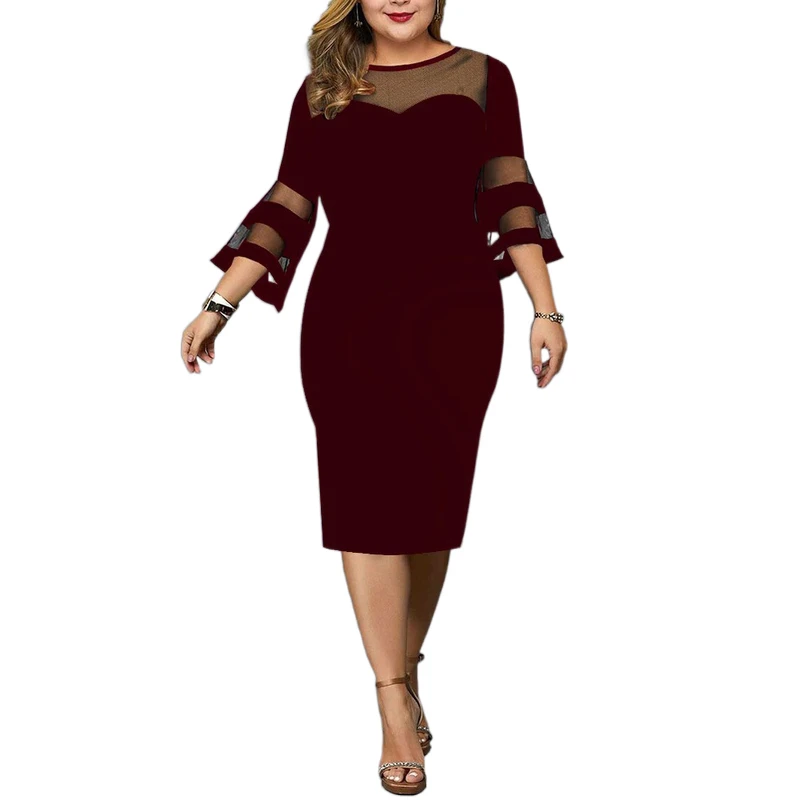 Sexy Plus Size Women Pack Hip Pencil Dress Bodycon Summer Robe Female Fashion Mesh Sleeve Streetwear Women Elegant Vestidos