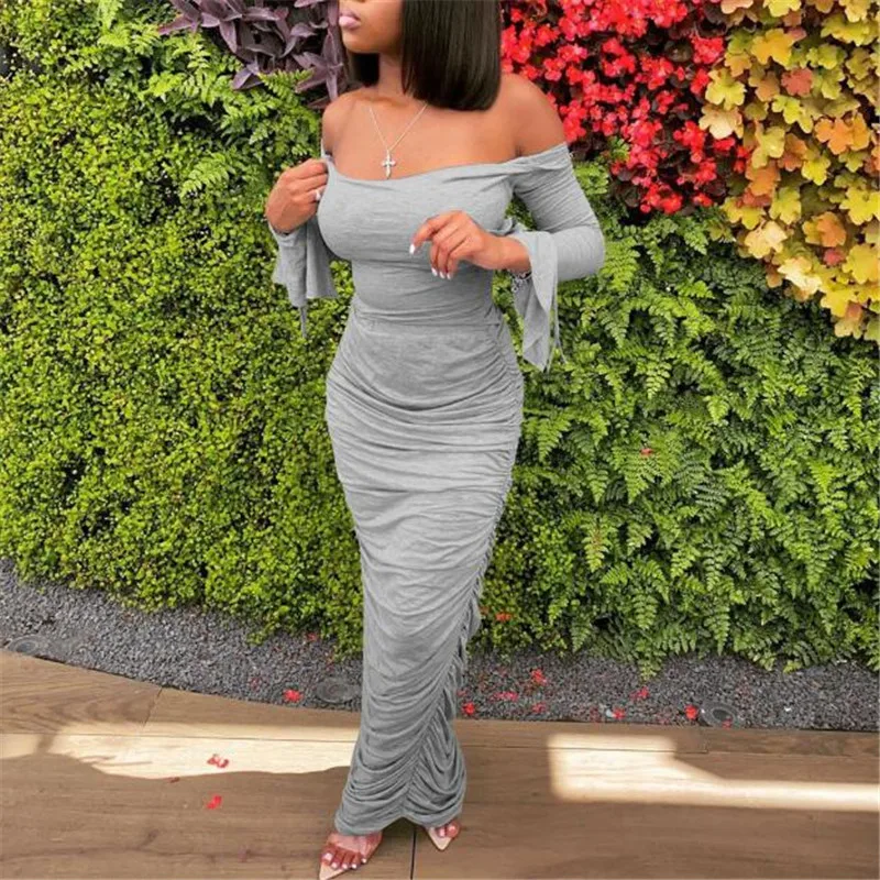 

Sexy Women Off Shoulder Maxi Dress Solid Color Long Flared Sleeve Bodycon Ruched Long Dress Vintage Elegant Female Long Dresses