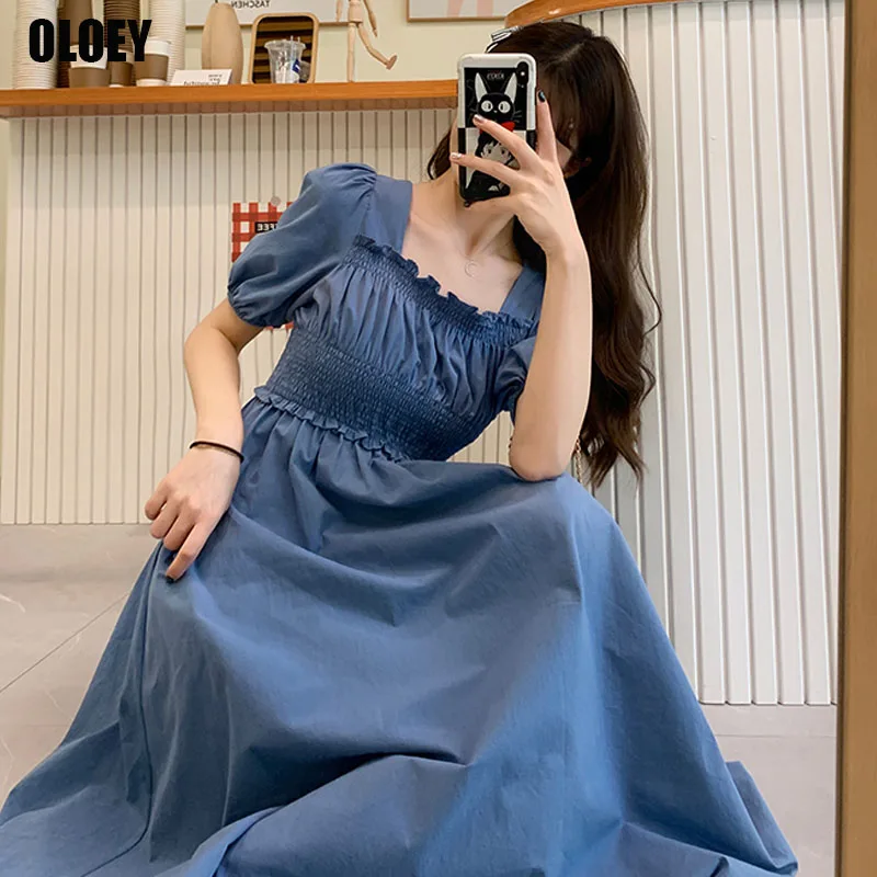 

Women 2021 Summer Solid Pleated Square Collar Office Midi Dresses Mujer Elegant Korean Simple Casual Loose Preppy A-line Vestido