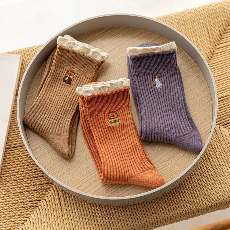 

Cartoon Woman Sock Lace Cotton Socks for Women Colorful Style Ladies High Standard Sweet Sox Female Trendy Spring Winter Sokken