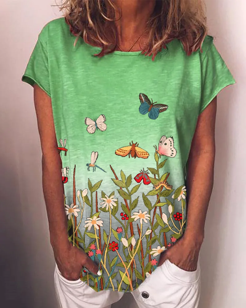 

2021 New Loose Casual Top Rainbow Gradient Floral Butterfly Printed Women's Fashion Round Neck Short-Sleeved T-Shirt