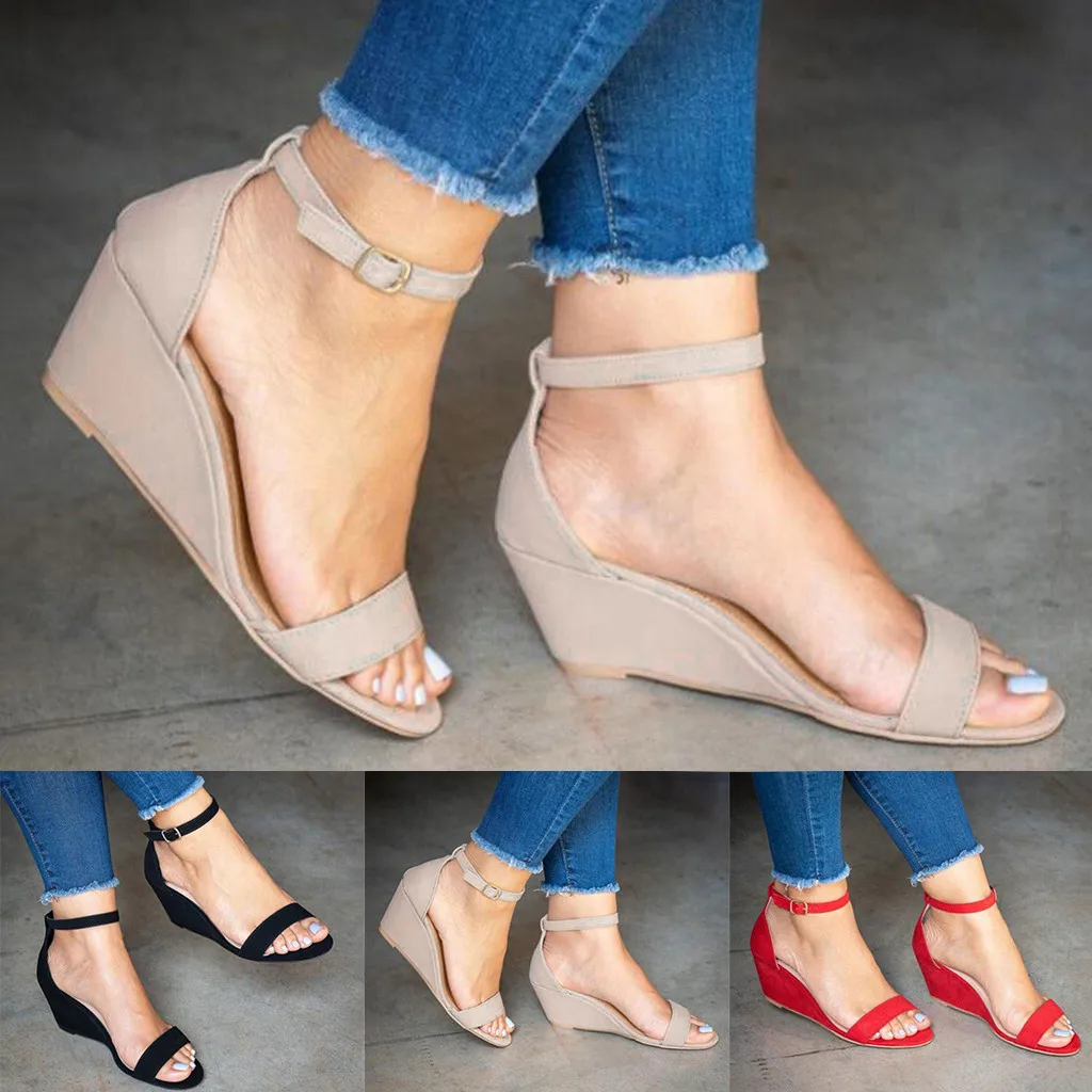 

Women's Ladies Fashion Solid Buckle Ankle Strap Wedges Sandals Casual Shoes Women Sandals Fashion High Quality Sandals