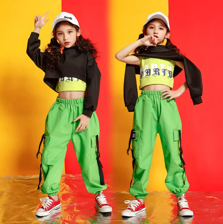 

Jazz Ballroom Dance Costumes Hip-hop dance Clothes Teen girls hiphop show Green crop tops Jogger Pants For 6 8 10 12 14 16 Years