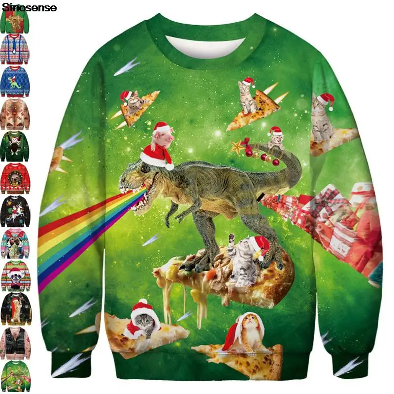 

Men Women Ugly Christmas Sweater 3D Christmas Cat Piggy Dinosaur Print Funny Holiday Party Sweatshirt Pullover Xmas Jumper Tops