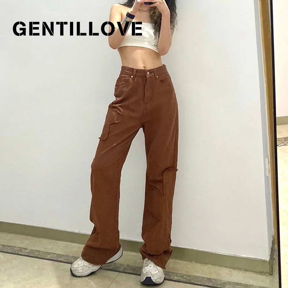 

Брюки-карго Gentillove женские в стиле ретро, свободные штаны с завышенной талией, с цветочным принтом, в стиле пэчворк, винтажные коричневые шта...