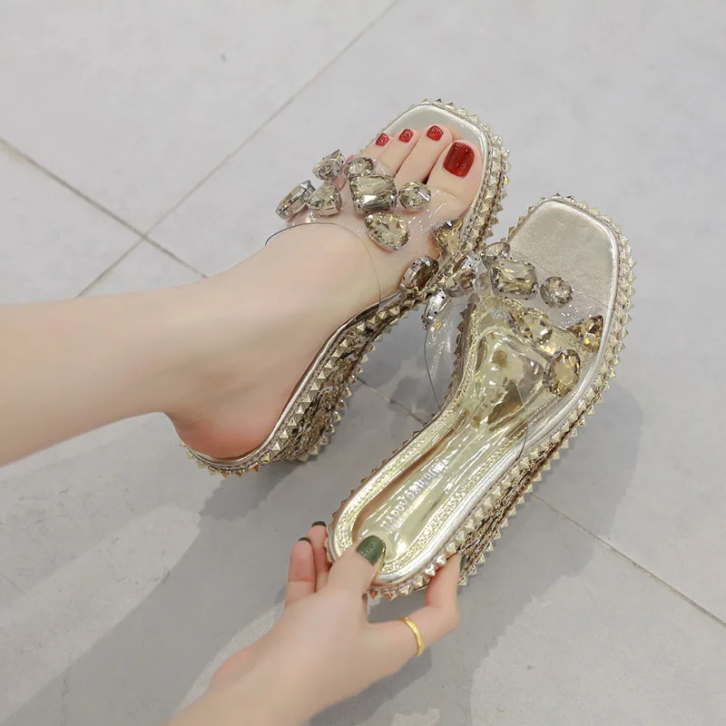

2021 summer new net red slope heel sandals waterproof platform diamond high heel women's slippers 40