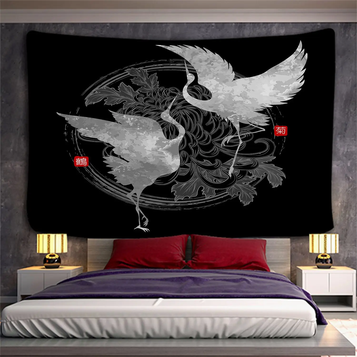 Samurai Pattern Tapestry Wall Hanging Chinese Flying Crane Art Wall Cloth Carpet Background Beach Towel Home Decoration