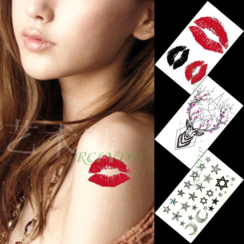 

Waterproof Temporary Tattoo Sticker lovely deer moon star red lips small art tatto flash tatoo fake tattoos for women men kid