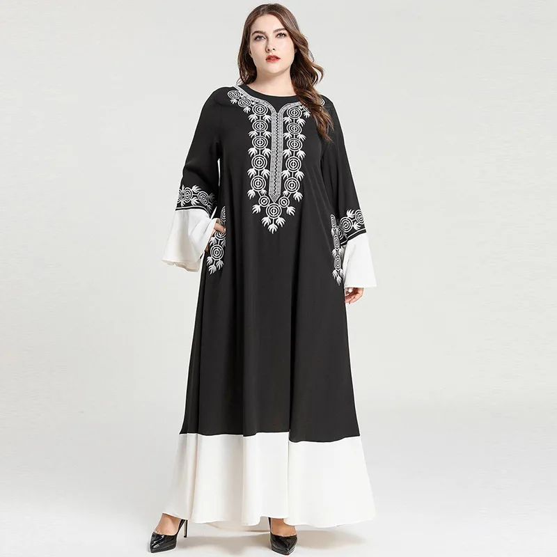 

Loose Oversized Muslim Dress Abaya Women Long Sleeve Embroidery Contrast Color Elegant Dress Plus Size Maxi Long Dresses