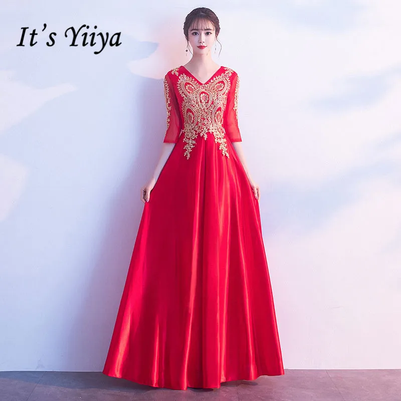 

Женское вечернее платье It's Yiiya, Красное Кружевное ТРАПЕЦИЕВИДНОЕ ПЛАТЬЕ с вышивкой, V-образным вырезом, с полурукавами, на лето 2019
