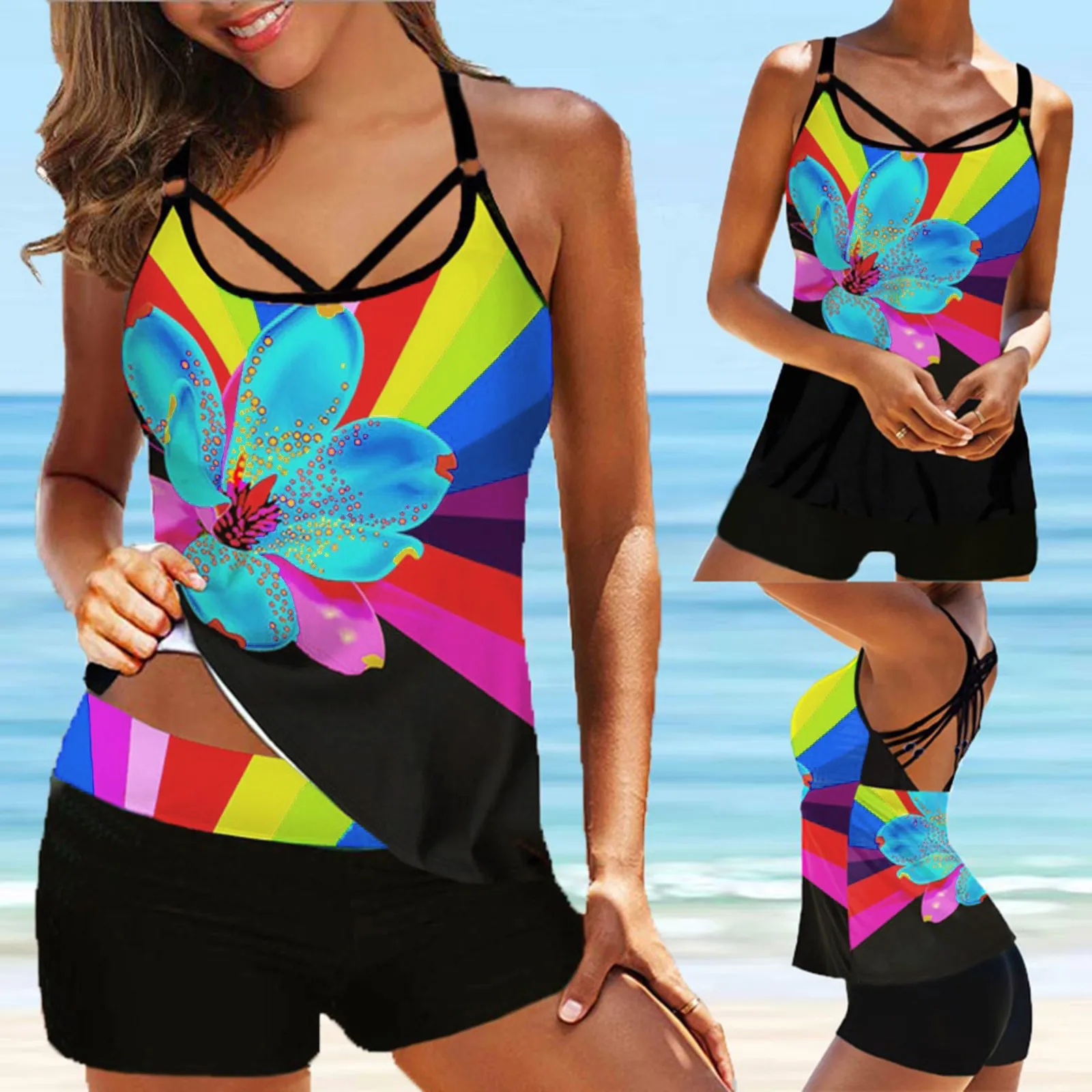 

2021 New Women Swimsuits Plus Size Print Strappy Back Tankini Two Piece Swimwear Swimdress Panty Bathing Suit Swimming Biquini#G