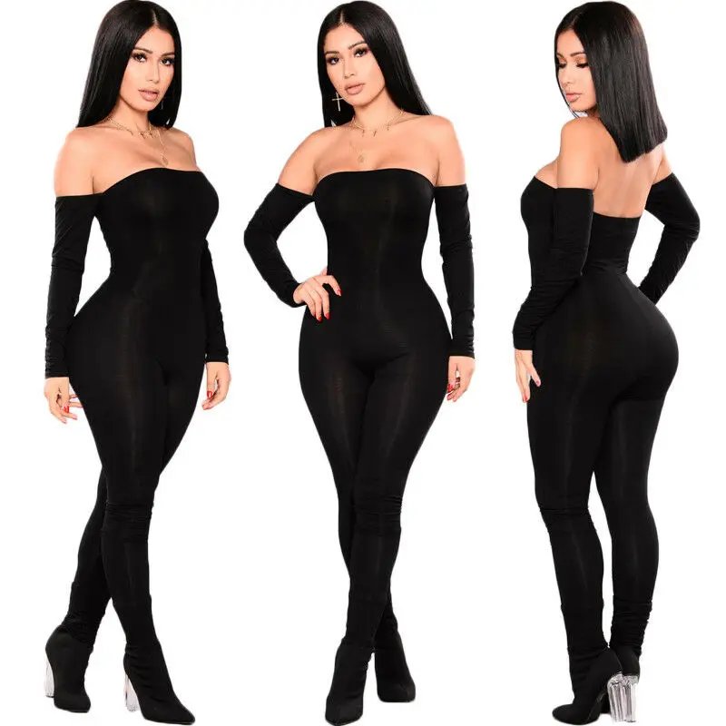 Женский комбинезон с открытыми плечами облегающий клубный длинным рукавом