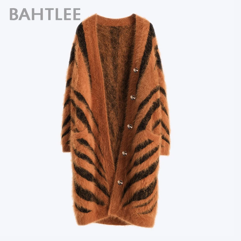 BAHTLEE зимние женские ангорские длинные кардиганы свитер Тигровая полоса