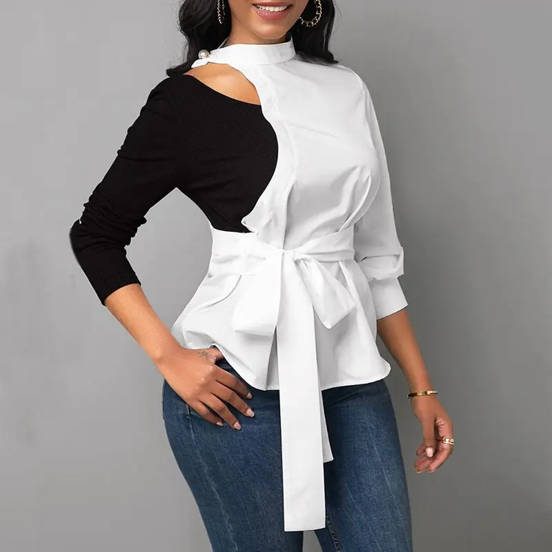 Офисная блузка рубашка Женская Лоскутная Асимметричная черная белая цветная