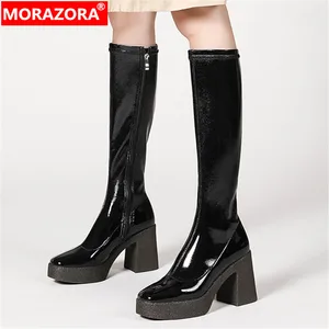 Женские сапоги до колена MORAZORA, черныеабрикосовые однотонные сапоги на платформе и высоком квадратном каблуке, зима 2021