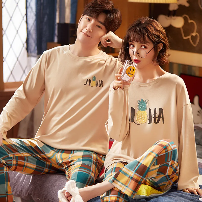 

Couple Pajamas Set 100% Cotton Homewear Fresh Style Long Sleeve Sleepwear New Autumn Pj Set For Lover Pijamas Mujer Suit