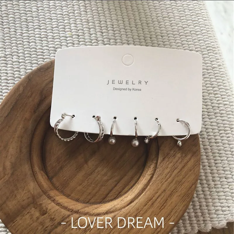 

2020 Korean Vintage Metal Earrings Gold Silver Color Geometric C-shaped Earrings With Pearl Set Women's Earrings Fashion Jewelry