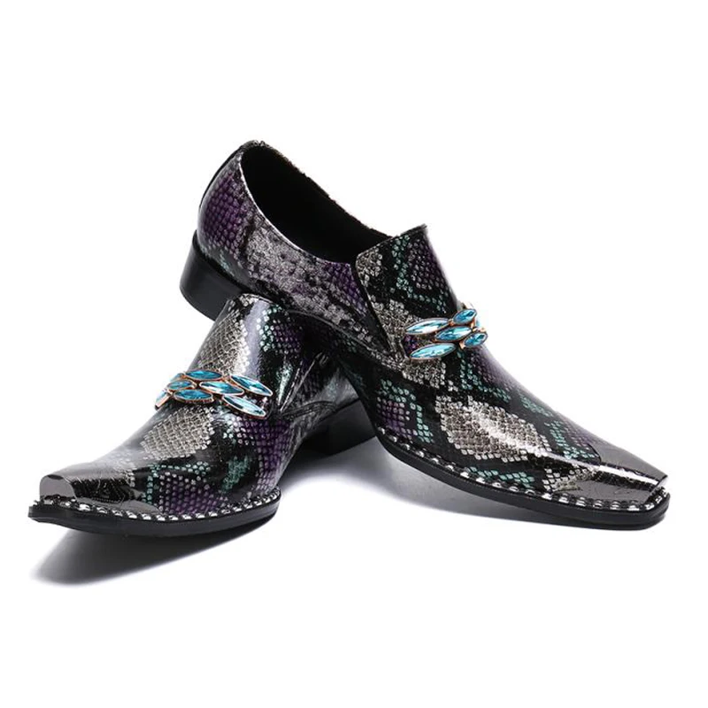Luxury Metal Trim Slip on Man High Heels Banquet Party Loafers Patent Leather Handmade Men's Python-patterned Casual Shoes SL707 | Обувь