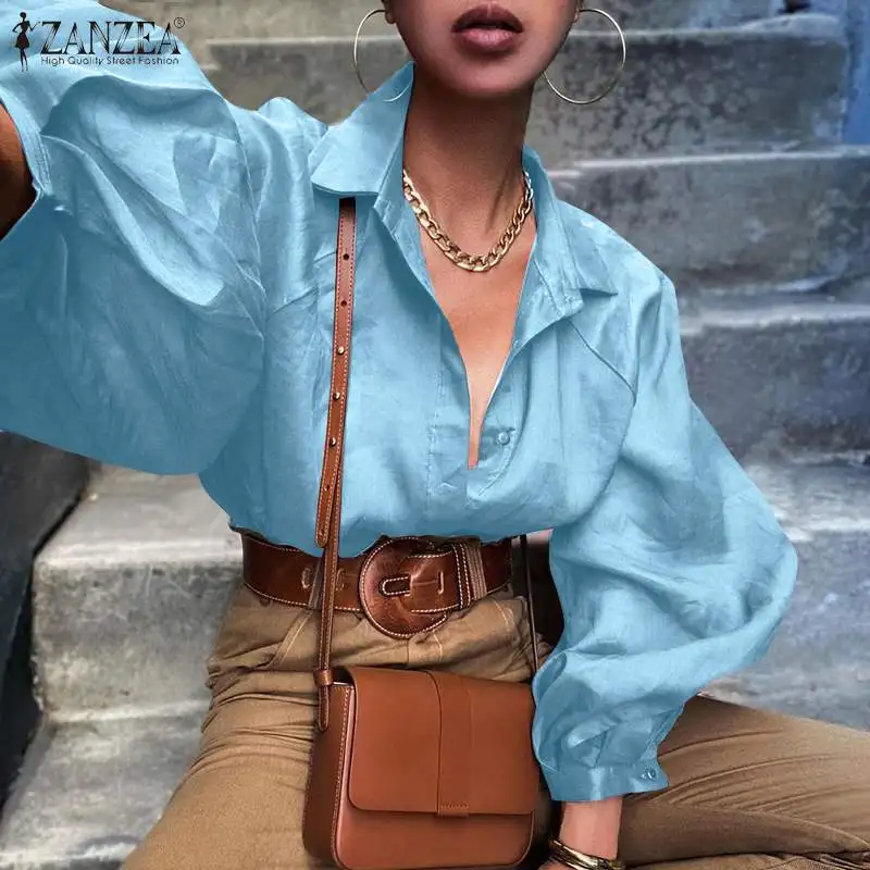 

ZANZEA 2021 Stylish Stain Tops Womens Puff Sleeve Shirts Casual Lapel Button Down Blusas Female Solid Tunic Oversized Chemise