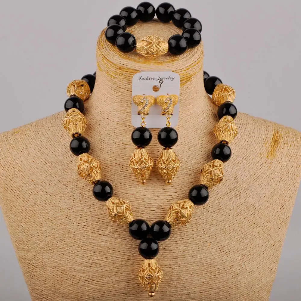 

Classic African Bridal Wedding Jewelry Cool Black Glass Pearl Necklace Nigerian Women's Wedding Dress Accessories Set SH-121