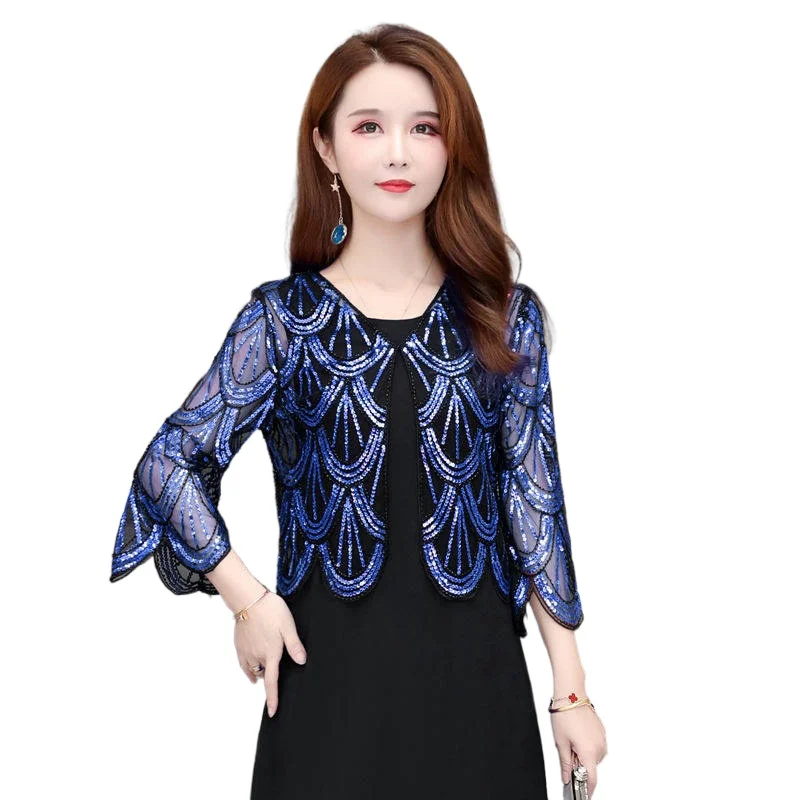

Women Jacket Fashion V-neck Short Cardigan Poncho Sequin Shawl Female 2022 Summer Hollow Lace Cape Coat Sun Protection Chaquetas