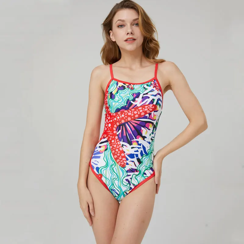 Сексуальный слитный купальник с принтом женский пляжный на бретельках тонкий 2021