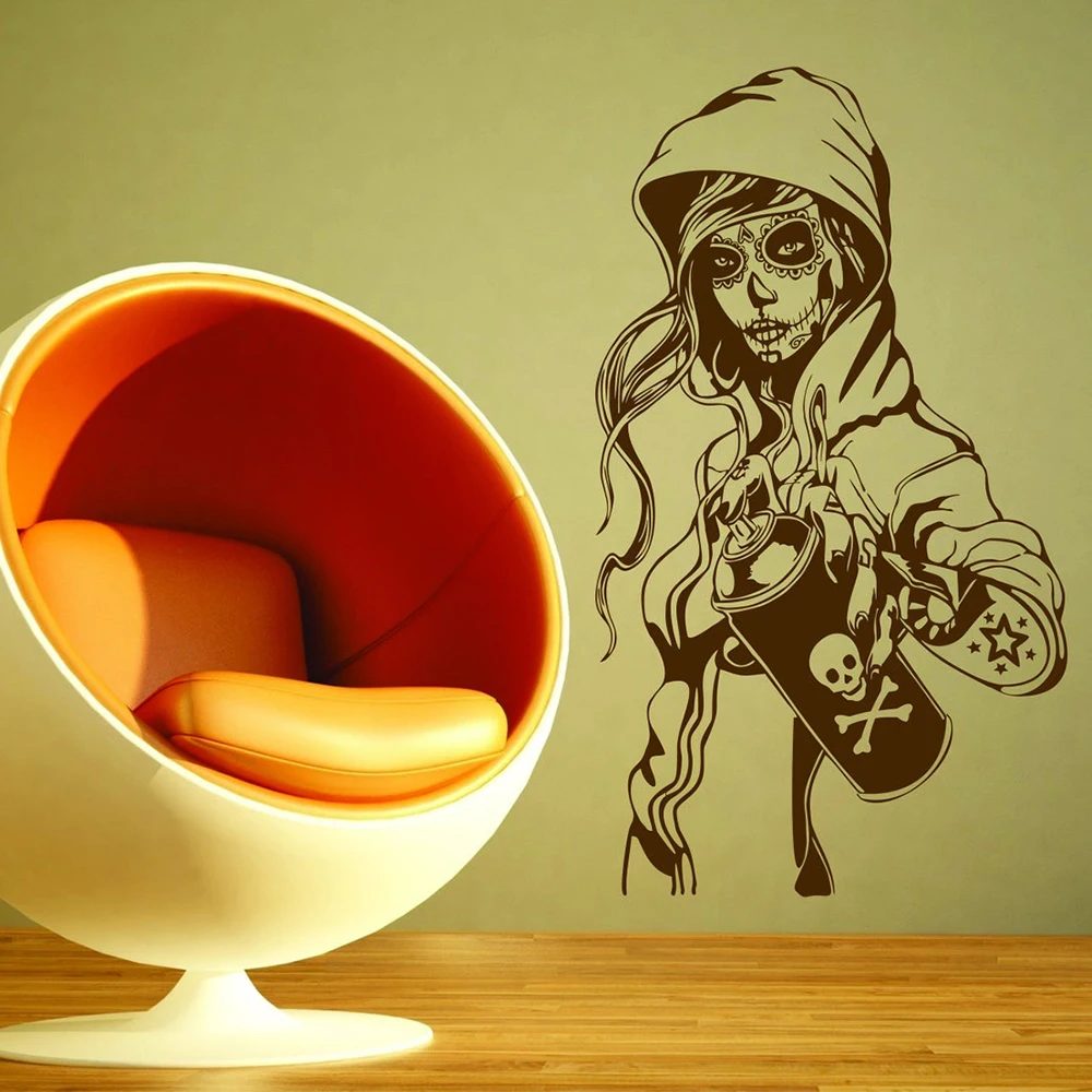 Тату-Наклейка на стену с изображением девушки конфеты сахара черепа Граффити